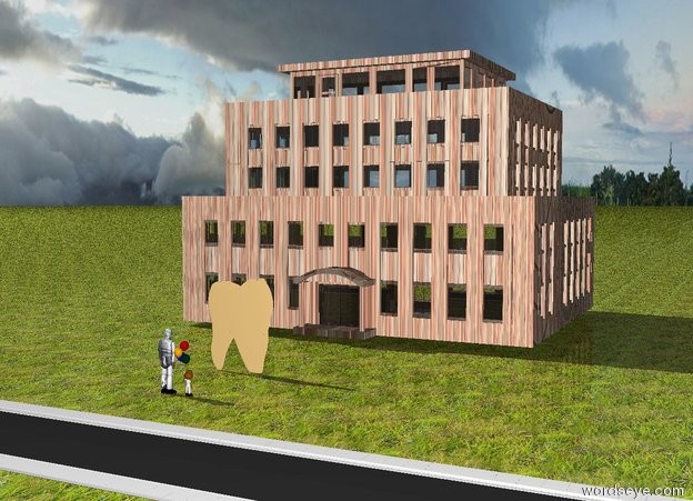 Input text: the humongous molar is twenty feet in front of the brick building. the tooth is 10 feet tall and 8 feet wide. the ground is grass. there is a road twenty feet in front of the molar. it is facing left. it is 500 feet long. two people are ten feet in front of the molar. they are facing the molar.