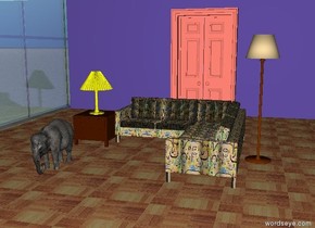 the klee sofa is on the parquet floor.
a mauve wall is behind the floor.

the salmon door is in front of the wall.

a transparent window is to the left of the floor. it is facing right. it is thirty feet wide.

a lamp is to the right of the sofa.

a small coffee table is to the left of the sofa. it is 8 feet in front of the wall. it is 1.5  feet tall. a yellow lamp is on the coffee table.

a tiny elephant is two feet in front of the coffee table.

the ground is stone.
