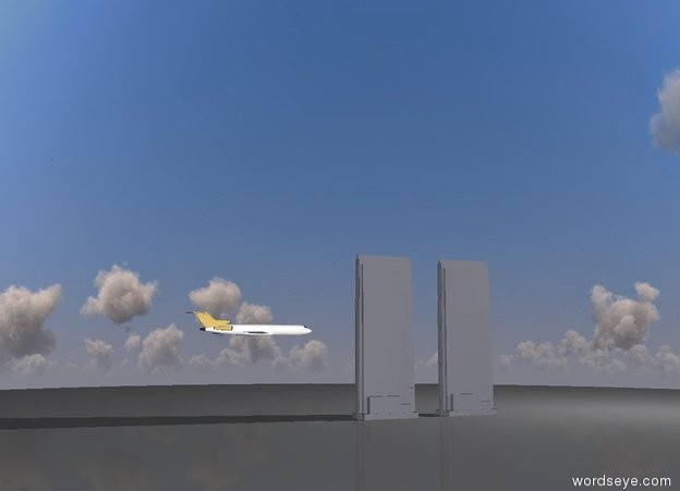 Input text: the big plane is 200 feet above the ground. the large skyscraper is on the ground. it is 120 feet to the right of the plane. the plane is facing the skyscraper. the large skyscraper is 80 feet to the right of the skyscraper. it is morning.
