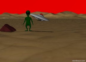 An alien is in the desert. The sky is red. An UFO is 60 feet away behind the alien. The UFO is leaning left. The UFO is 3 feet in the desert. A rock is 2 feet to the left of the alien. The rock is brown.