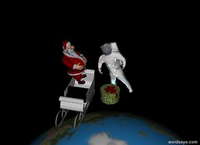 the reflective leaning astronaut is 8 feet above the humongous earth. it is night. the ground is black. santa is next to the astronaut. he is leaning back. he is facing the astronaut. the big gift is in front of the astronaut.  the sleigh is below santa. 
