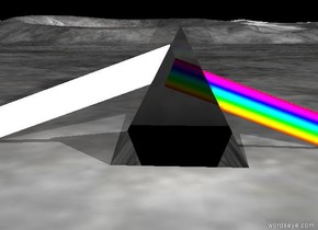 the huge transparent pyramid. the rainbow plank is -2.5 feet to the left of the pyramid. it is facing up. it is -3.5 feet above the ground. it is very long. it is leaning right. the extremely  white plank is -2 feet to the right of the pyramid. it is extremely narrow. it is facing up. it is leaning left. it is very long. it is -3 feet above the ground.  the bright white light is 1 feet behind the pyramid. it is 3 feet above the ground.the sky is black.