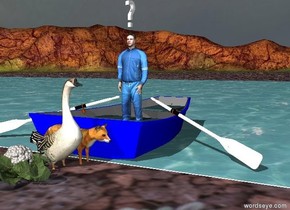  the fox is next to the river. the goose is next to the fox. the cauliflower is next to the goose. the boat is to the right of the fox. the boat is facing left. the river is -1 inches above the ground. the small man is in the boat. the small "?" is 2 inches above the man.