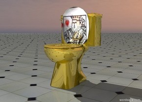 gold toilet on the tile ground.
the lid of the toilet is king.