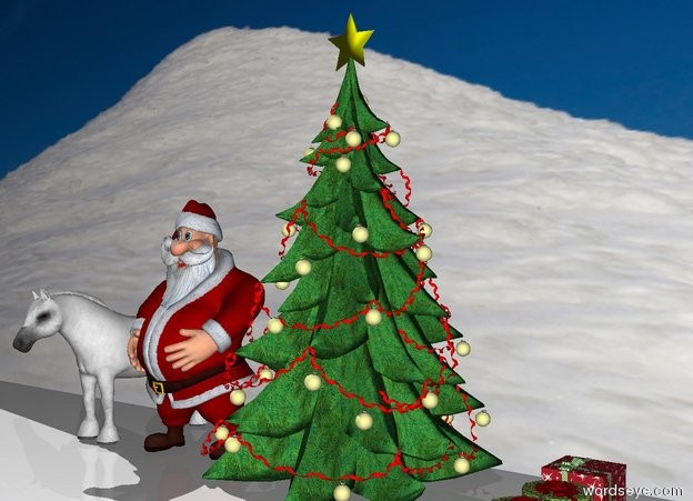 Input text: there is a Christmas tree. There is a Santa Claus near the tree.
The ground is snow. Huge white hill 30 feet to the left from Christmas tree. 
Horse near Santa.
Big [christmas]
wall behind horses.
3 gifts 1 feet to the right from Christmas tree.
Snow is on the ground.