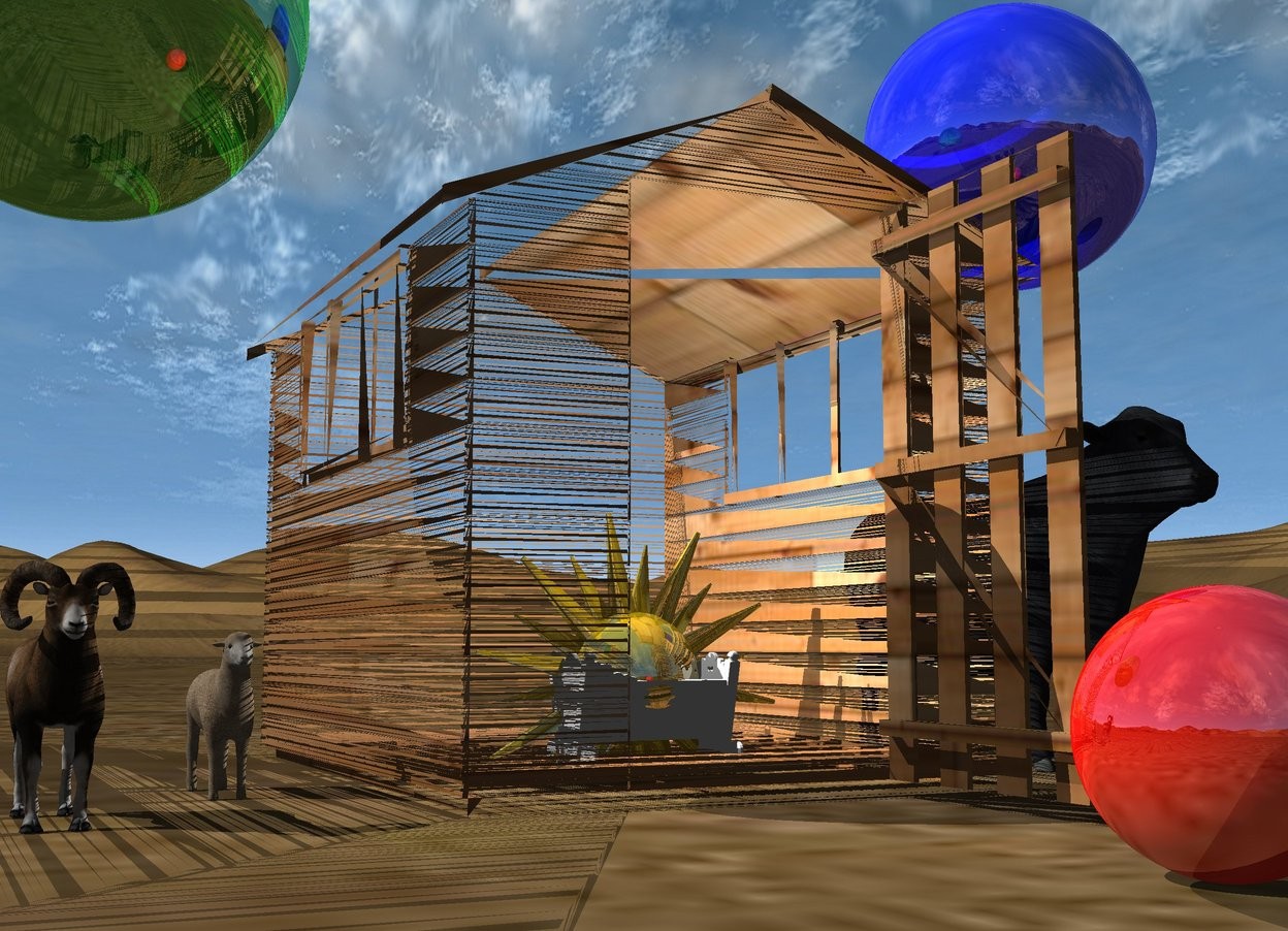 Input text: the wood structure. the tiny white cradle is 3.7 feet in the structure. the small cow is 6 inches to the right of the structure. the first very small sheep is 6 inches to the left of the structure. a second very small sheep is 6 inches to the left and in front of the first sheep. the large shiny green sphere is 1.6 feet above the sheep. the shiny red sphere is a foot in front of the structure. a large shiny blue sphere is a foot above the cow. the gold sun symbol is 8 inches in the cradle. it is 2 feet tall.

the camera light is black. the white light is 5 inches in the sun symbol.
