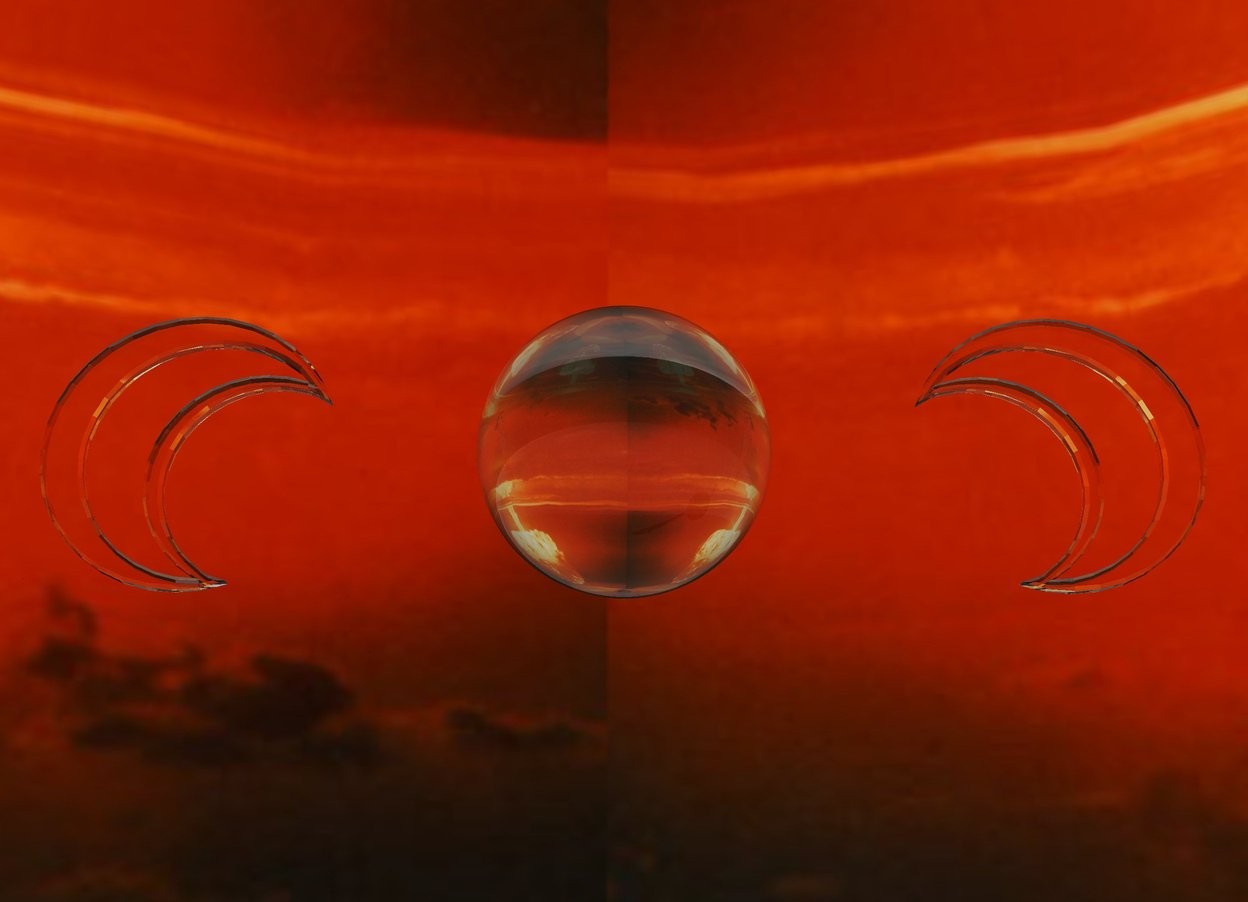 Input text: the transparent big sphere is three feet above the ground. 
the first transparent moon symbol is one feet to the left of the transparent sphere.  the first transparent moon symbol is facing backwards.
the second transparent moon symbol is one feet to the right of the transparent sphere.
The ground is [Saturn]. The sky is [nuclear]