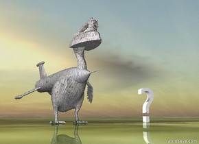 the large stone clothes iron is -7 inches above the large stone bird.it is -1.4 feet in front of the bird. the tiny stone rocket is -32 inches above the bird. it is face down. it is -6.5 feet in front of the bird. the ground is shiny grass.

the large question mark is 3.5 feet to the right of the bird.