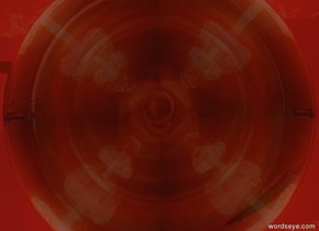 the transparent big sphere is three feet above the ground. 
the first transparent moon symbol is one feet to the left of the transparent sphere.  the first transparent moon symbol is facing backwards.
the second transparent moon symbol is one feet to the right of the transparent sphere.
The ground is [blood]. The sky is [nuclear]