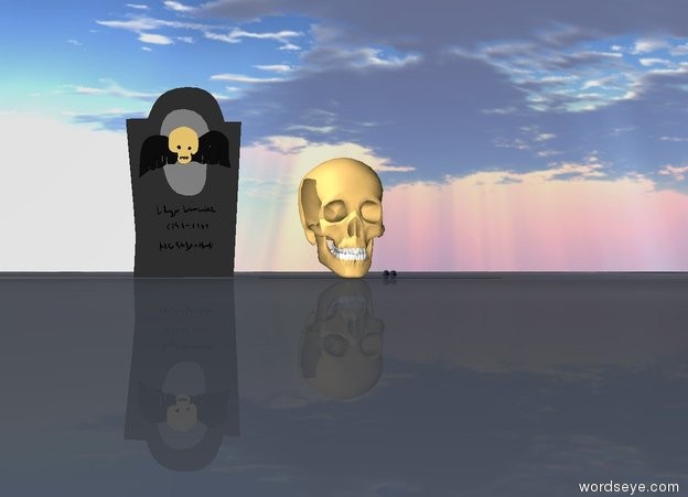 Input text: There is a tombstone.  There is a large  skull with diamond eyes one feet to the right of the tombstone. ground is  crystall