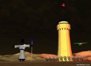 There is a tower. 10 pirates are 10 feet on the left of the tower. They are facing right. A small red dragon is above tower. A green dragon is in front of tower and 20 feet above ground. It is facing left. Big fire sphere is on the left from dragon. It is evening.  Man is 100 feet on the left of the pirates. He is facing right. Bright red light is behind the sphere. A 5 feet tall gold stick is 2.5 feet in front of bathrobe of the man and on the ground. Blue small pyramid is on the stick. Another azure light is 1 feet above the pyramid.