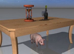 the champagne bottle is on the table. two glasses are next to the bottle. the small pig is under the table. the hourglass is on the table. it is 12 inches away from the bottle. " 2015" is 1 feet behind the table. 