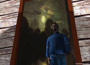 the wood wall.
the large mirror is in front of the wall.
the man is facing the mirror.
the man is 3 foot in front of the mirror.
the light is in front of the man.
the light is 5 feet above the ground.
the camera light is white.
the sky is night.
the knife is -.36 feet to the right of the man.
the knife is 2.55 feet above the ground.
the knife is facing left.
the knife is -.9 foot behind the man.