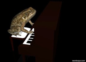 the piano.
the stool is in front of the piano.
the stool is 2 feet high.
the frog is -3 foot to the left of the stool.
the frog is facing the piano.
the frog is leaning 10 degrees to the back.
the frog is 2 feet above the ground.
the frog is 2 feet high.
the frog is -5 feet behind the piano.
the ground is transparent.
the sky is black
