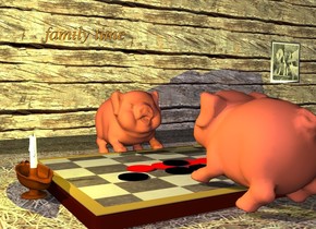 the first pig is facing forward.
the first pig is leaning 10 degrees to the back. the second pig is facing the first pig.
the second pig is 1 foot in front of the first pig.
the second pig is leaning 10 degrees to the back.
the board is -.5 feet in front of the first pig.
the board is big.
the ground is hay.
the wood wall is 2 feet behind the first pig.
the candle is to the left of the board.
the bright yellow light is in the candle.
the candle is facing 10 degrees to the left.
the 4 tiny red disks are on the board.
the 3 tiny black disks are to the front of the 4 tiny red disks.
the tiny black disk is .5 feet to the right of the candle.
the tiny black disk is 1.2 inch above the ground.
the first tiny black disk is on the 4 tiny red disks.
the small pig painting is in front of the wall.
the small pig painting is -5 foot to the right.
the small pig painting is 1 foot above the ground.