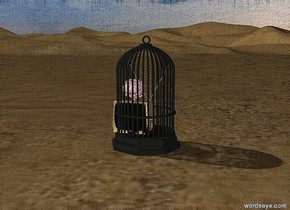 tv inside big bird cage.

pink brain on top of tv inside cage.


