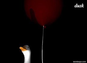 the balloon is very big.
the duck is to the left of the balloon.
the duck is 4 feet high.
it is night.
a light is in front of the duck.
the balloon is dark red.
the red light is 4 foot above the duck.
