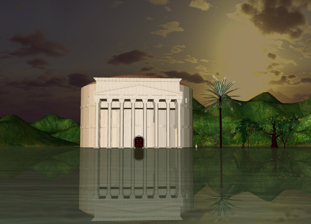Input text: a white temple.
a group of five trees is to the left of the temple.
it is sunset.
the temple is marble.
the roof of the temple is gold.
a statue is to the right of the temple.
an door is in front of the temple.
campfire is behind trees.