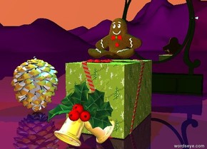 the gift.

the gingerbread man is on the gift.

 a large mondrian pinecone is  8 inches left of the gift.

the ornament is in front of the gift.

the ground is purple. the sky is coral.

a cyan light is above the gingerbread man. a yellow light is above the pinecone.

a mirror is two feet behind the gift.