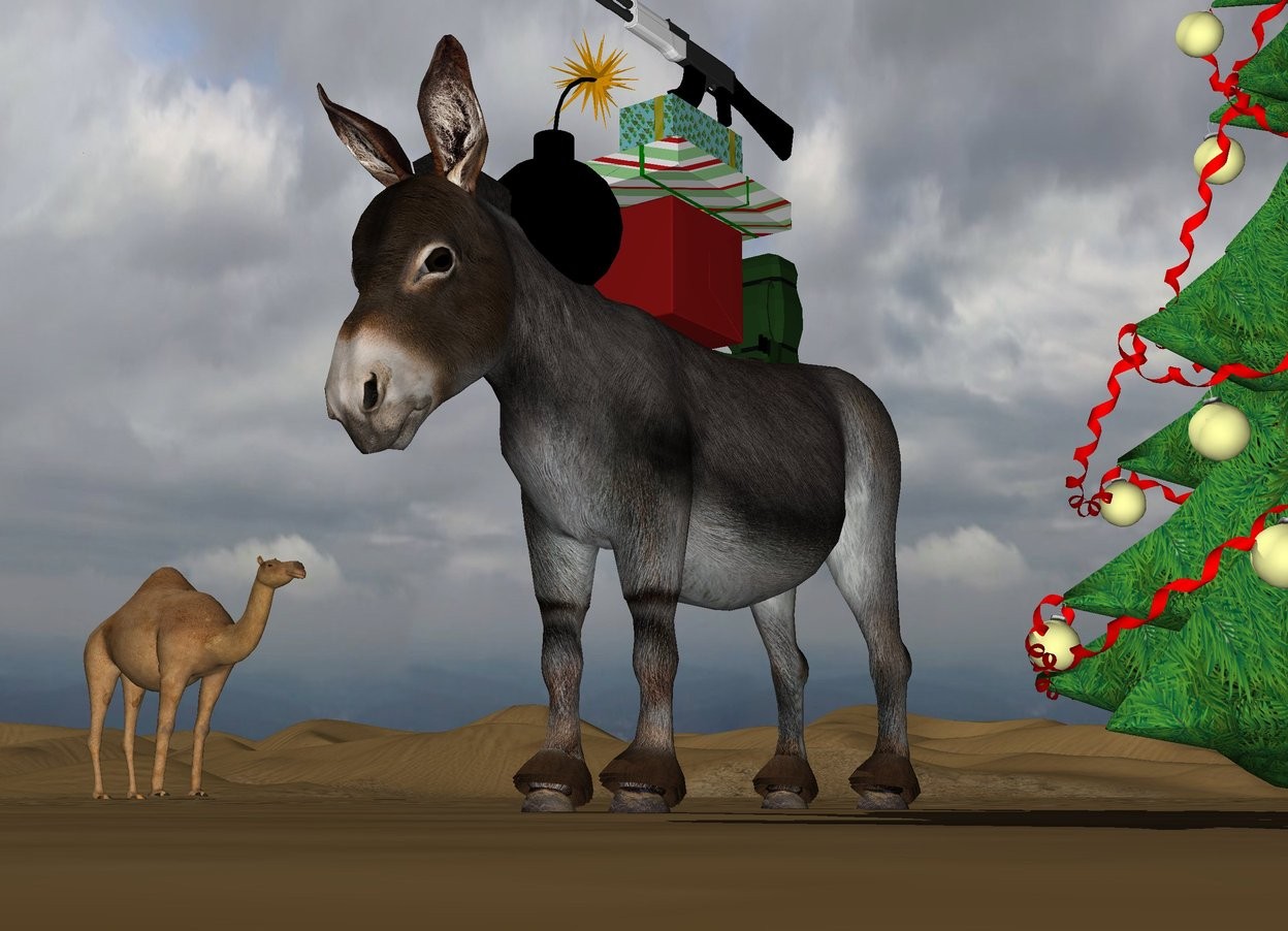 Input text: The donkey is two feet to the left of the tree. The watermelon is three feet to the right of the tree. The first gift is 1 foot  in the donkey. A second gift is on the first gift. A third  gift is on the second gift. The gun is on the third gift. a small backpack is 4 inches behind the first gift. t is facing right. The large bomb is in front of the first gift. The camel is 20 feet behind the donkey. It is 30 feet to the left of the donkey. It is facing right.