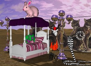 A tiny polka dot elephant on a purple bed.

A giant pink rabbit above the bed.

A [cat] wall 6 feet in back of the bed.

A red top hat on a large white head 5 feet above the ground in front of the wall.

A large shiny white clock 4 feet to the right of the head.

A big fire under the head.

A silver post 3 feet to the left of the bed.

A silver post 3 feet to the right of the bed.

A tiny gorilla 2 feet to the right of the bed.

A striped snake to the right of the post.
