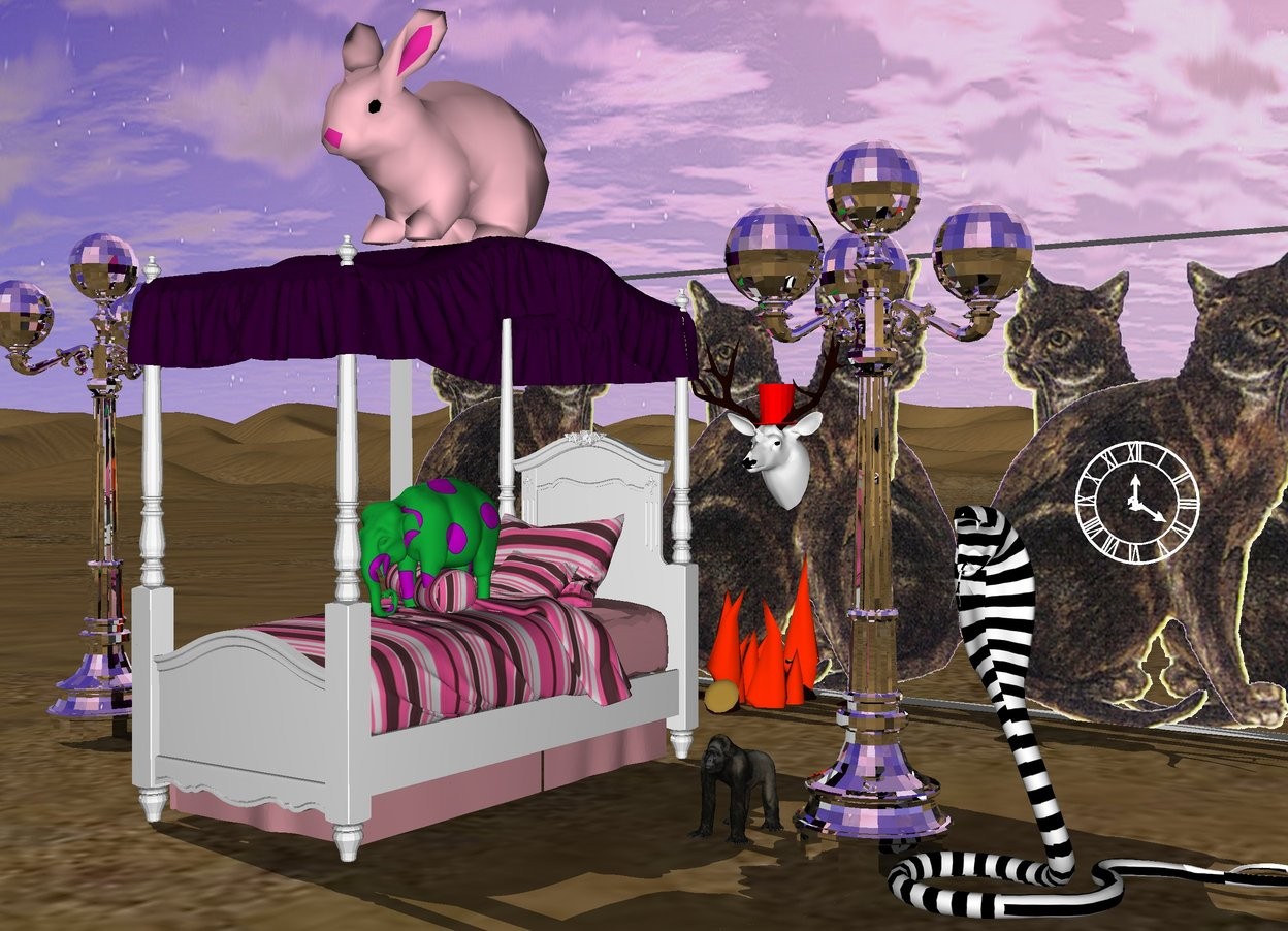 Input text: A tiny polka dot elephant on a purple bed.

A giant pink rabbit above the bed.

A [cat] wall 6 feet in back of the bed.

A red top hat on a large white head 5 feet above the ground in front of the wall.

A large shiny white clock 4 feet to the right of the head.

A big fire under the head.

A silver post 3 feet to the left of the bed.

A silver post 3 feet to the right of the bed.

A tiny gorilla 2 feet to the right of the bed.

A striped snake to the right of the post.