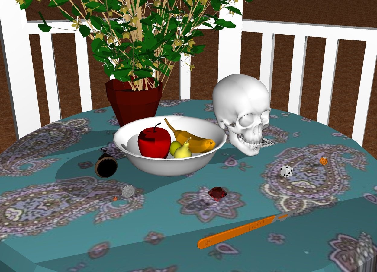 Input text: The ground is unreflective wood. It is morning. The very large paisley compound is inside the very large white gazebo. The very large white soup bowl is on the compound. In the soup bowl is a large banana, a large lemon, and a large apple. The large pear is south of the lemon. A very large statue is west of the compound. The statue is facing south. The statue is 1 foot away from the compound. The large pocket watch is on the compound. The large white skull is on the compound. The large flower pot is north of the soup bowl. The large witch hazel is in the flower pot. The large die is one foot south of the skull. A very large scalpel is two feet south of the soup bowl. The large jack of spades is a foot east of the bowl. The three coins are a foot south of the pocket watch. The two large rings are a foot east of the die. The very large red jewel is one foot north of the scalpel. momento mori