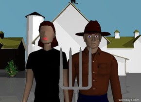 there is a white barn. 35 feet in front of the barn there is a man. he is -26 feet left of the barn. there is a woman -.3 feet to the left of the man. there is a gray 5 foot tall pitchfork .5 feet in front of the man. it is -.9 feet to the left of the man.the pitchfork is leaning 180 degrees to the left. the sky is sky blue. the camera light is bright. it is morning. .  there is another barn 1 foot left of the white barn. there is a 5 foot tall bush 3 feet to the right of the barn. it is -10 feet in front of the barn.