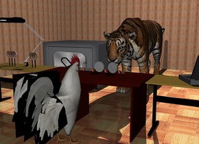 
There is a first table in front of the tiger. The tiger is three feet tall. The first table is small. The first table is facing the tiger. There are 12  coins on the table. There is bird in front of the table. 12 coins are facing the bird. the bird is facing the tiger. The bird is two feet tall. The ground is [parquet]. There is a first wall one feet behind the tiger. The first wall is fifteen feet wide. The first wall is seven feet tall. The first wall is  [plywood]. There is a second wall next to first wall. The second wall is facing west. The second wall is [plywood]. There is a second table next to the first table. The second table is small. There are six magnifying glasses on the second table. It is night. The white light is two feet above the tiger. There is third table to the right of the first table. The third table is facing north. The third table is small. There is a laptop on the third table. The laptop is facing the tiger. There is a two feet tall [metal] safe two feet behind the second table. 