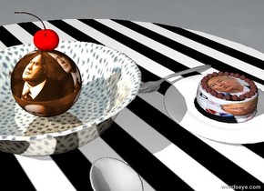 the shiny dotted bowl is on the striped table. the tiny [mousse] sphere is in the bowl. the small cherry is on the sphere. the small plate is -3 inches in front of and to the right of the bowl. the very small [trump] cake is on the plate. the spoon is in front of the bowl. the small fork is behind the plate. it is facing right.

