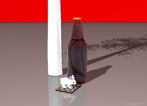 The bunny is on the checkerboard to the left of the giant bottle in front of the red sky one foot in front of an oak tree
