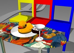 The large bird is on the Matisse table. The large red chair is behind the table. The large yellow chair is to the left of the large red chair. The large blue chair is to the right of the large red chair. The large potato is to the right of the bird. The very large plate is under the bird.  The gigantic fork is to the left of the bird. The large glass is to the right of the plate. The large glass is in front of the potato.
