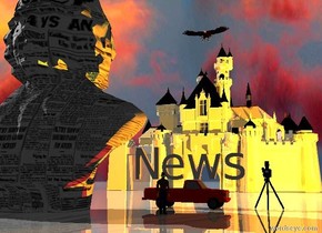 the humongous [newspaper] statue is 100 feet in front of the shiny ivory castle. it is cloudy. the man is a few feet to the right of the statue. he is facing backwards. the ground is shiny. the red truck is 10 feet behind the man. it is facing right. the huge eagle is 2 feet above the castle. the camera light is black. the red light is 3 feet above the car. the yellow light is two feet to the right of the red light. the huge "News" is above the truck. the very huge camera is 4 feet to the right of the truck.