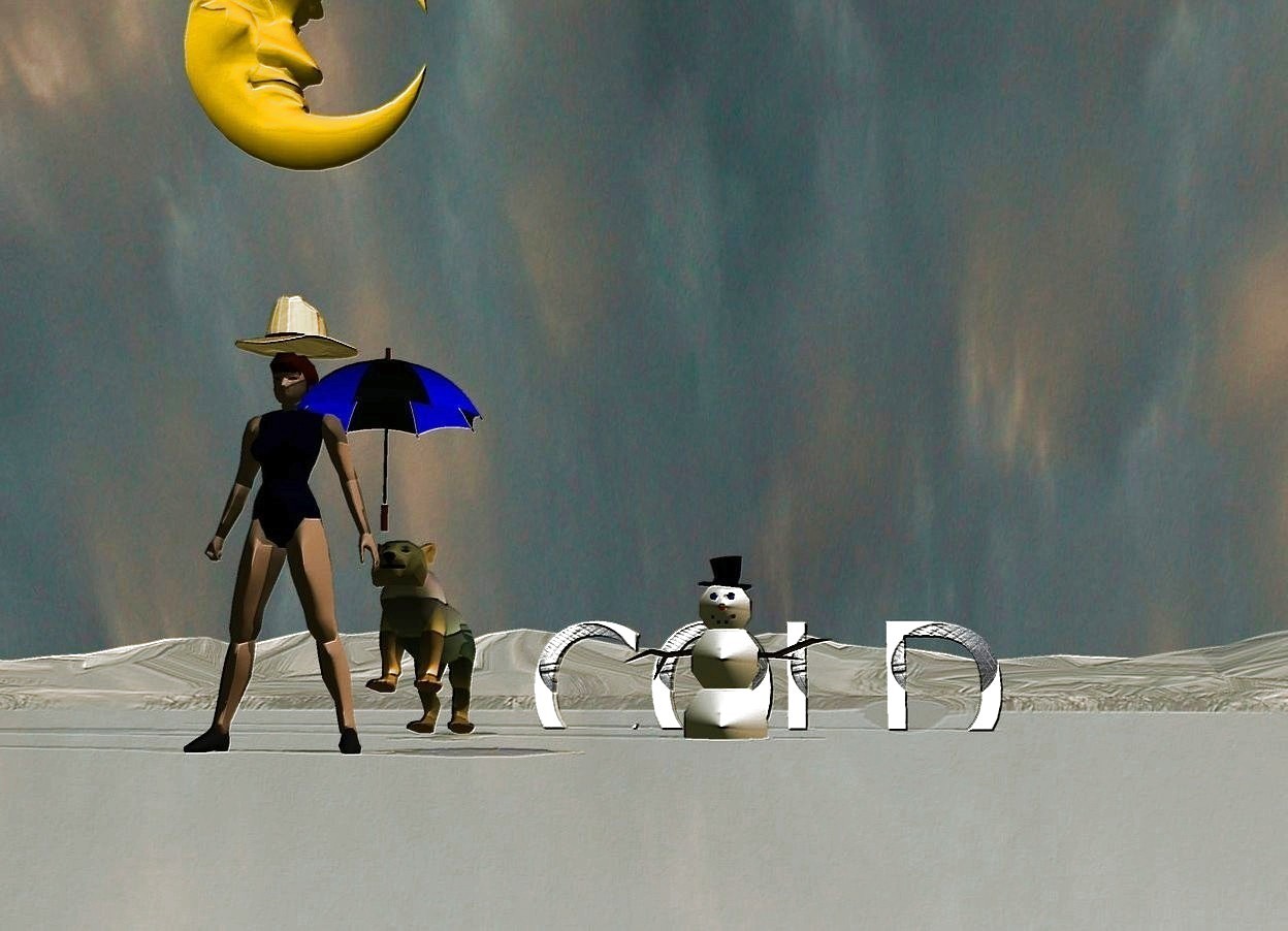 Input text: there is a woman with a blue umbrella. the umbrella is on the woman's right hand. there is a hat on the woman.  the woman is on a glassy mountain range. there is a rainbow tiger 3 feet behind the woman. the tiger is tilting backward. there is a large moon 3 feet above the woman. the moon is facing right.  there is a snowman 3 feet to the right of the tiger. it is sunrise. it is cloudy.  add text "COLD".  "COLD" is 5 feet behind the snowman. "COLD" is large.