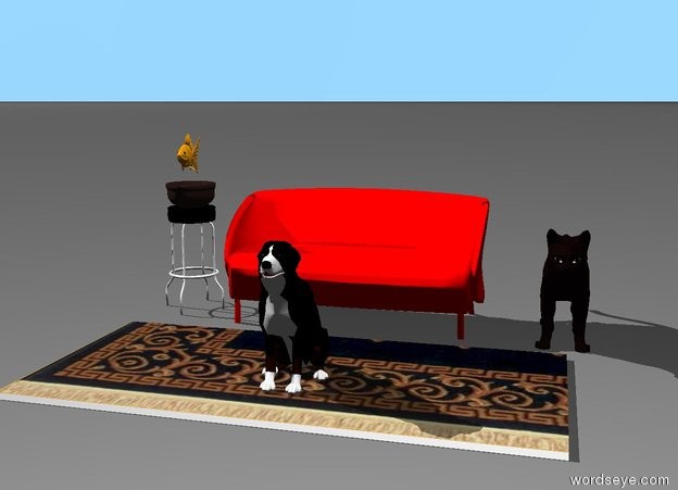 Input text: a cat is six inches to the right of a very small red sofa.the cat is dark brown. a bowl on a very small stool three inches to the left of the sofa.one inch above the bowl is a fish.the fish is orange.three inches in front of the sofa is a small rug.on the rug is a small dog.