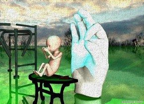the huge baby is on the small table. it is cloudy. the ground is green and shiny.

a enormous hand is a foot behind the table.

a cyan light is above the baby.
it is dawn.

A large gate is 3 feet left of the table. it is facing the hand.