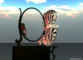 the enormous zebra skin baby is on the small table. it is cloudy. the ground is black and shiny.
it is dusk. the red light is 2 feet  right of the table.

the very large mirror is 3 feet in front of the table.