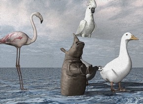 the large cockatoo is on the large silver cube. the ground is water. it is cloudy.
the flamingo is a foot left of the cube. it is facing the cube.  a large duck is in front  of the cube. a tiny rhino is a foot left of the duck. it is in the ground. it is facing up.