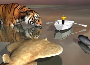a large fish is on the shiny [stars] ground. it is cloudy. the white dinghy is 6 feet in front of the fish. the very small man is in the dinghy. he is facing backwards. 

the huge tiger is to the right of the boat. it is in the ground. it is facing the man.

the 2nd large fish is 6 inches to the left of and in front of the fish. it is facing the man.