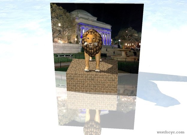 Input text: the ground is shiny. the lion is in front of the small [university] wall. it is on the brick  slab. it is cloudy.