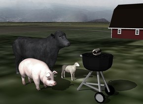 a pig, cow, and small sheep are 1 foot behind the grill. the ground is grass. it is cloudy. the small barn is 40 feet to the right of the cow. the hot dog is on the grill.