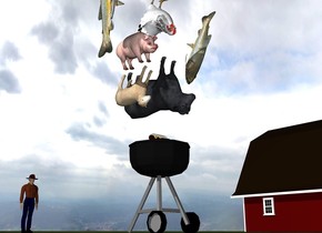 the hot dog is on the grill. a small upside down cow is 6 inches above the hot dog. A small upside down sheep is next to the cow. it is leaning left. the ground is grass. it is cloudy. the small barn is 20 feet to the right of the grill. the small pig is above the sheep. it is leaning right. the huge trout is 2 feet to the right of the pig. it is leaning left. it is face down. the large upside down chicken is above the pig. it is to the right of the pig. 
the second huge fish is 6 inches to the left of the pig. it is face up.

the small man is 8 feet behind the grill.