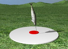 the enormous white disk is on the grass mountain range. 
the large red disk is in the white disk.

the white whale is on the red disk. it is facing down.  the white disk is 2 inches tall. the red disk is 2 inches tall.