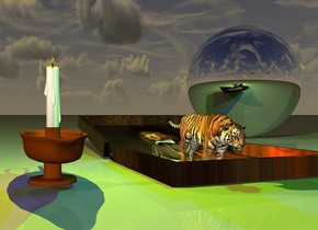the tiny tiger is on the rembrandt pizza box. a large candle is a foot left of the tiger. it is facing left.

it is dusk. a yellow light is above the candle. a green light is a foot above the tiger.

A very large silver sphere is behind the box. it is a foot right of the box. a blue light is above the box.