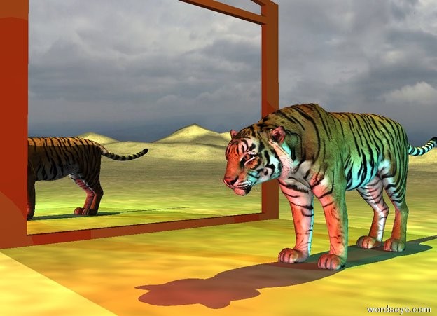 Input text: The very wide mirror is on the dirt mountain range. The small tiger is two feet to the right of the mirror. The mirror is facing right. The yellow light is 1 foot above the tiger. A cyan light is a foot right of the tiger. A red light is in front of the tiger.