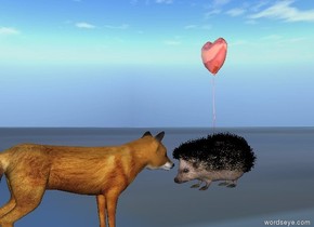 the ground is cloudy.  the small balloon is above the hedgehog. the balloon is shiny. the balloon is 1 foot above the ground. the fox is in front of the hedgehog. it is facing the hedgehog. the fox is on the ground. 