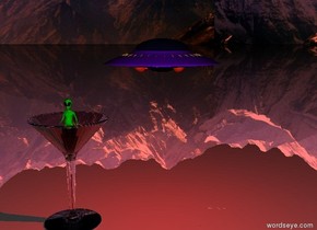 the bright green alien is in the big martini glass. the alien is 5 inches tall. the ufo is 6 inches above the glass. the ufo is 14 inches wide. the ufo is to the right of the glass. the ground is shiny. the tiny red light is under the ufo.
the mountain background. it is night.