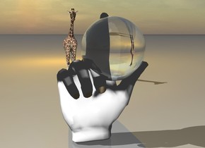 The transparent sphere is in the giant hand. The very large orange light is 1 foot above the ground. it is 10 foot behind the hand.  the  tiny giraffe is 4 feet behind the hand.