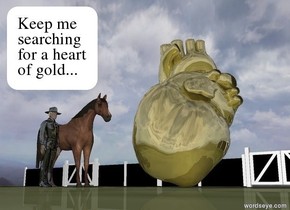 the horse is a few feet to the left of the humongous gold heart. it is facing the heart. the fence is 10 feet behind the horse. it is 50 feet wide. the ground is grass. the black shiny man is in front of the horse. he is facing the heart. 