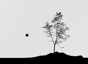 the tree is in the hill.
the tree is black.
the hill is black.
the ground is black.
the sky is white.
the ground is unreflective.
the sphere is to the left of the hill.
the sphere is 15 feet above the ground.
the sphere is black.
the sphere is big.